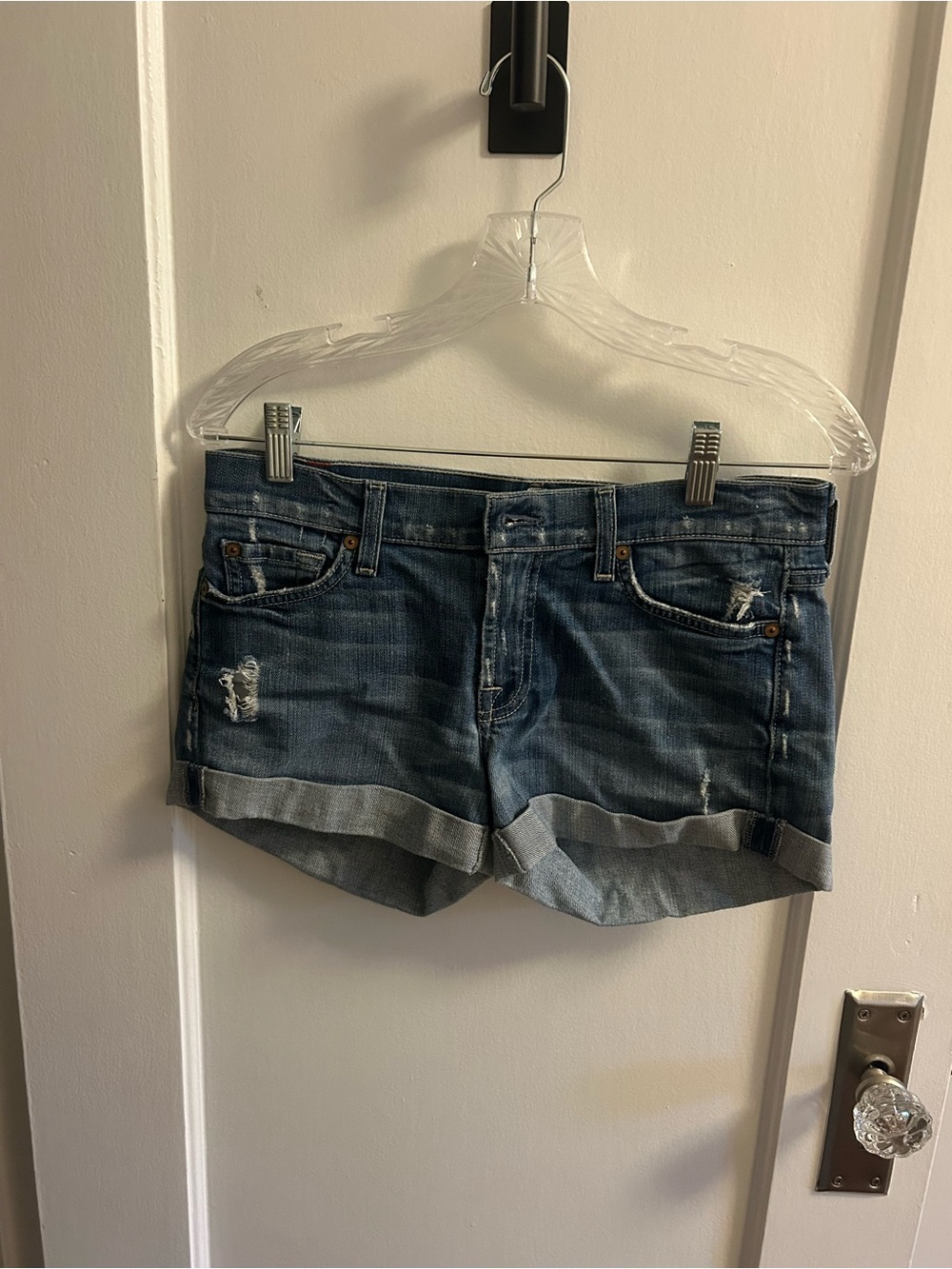 7 For All Mankind Dark Blue Rolled-Hem Denim Shorts